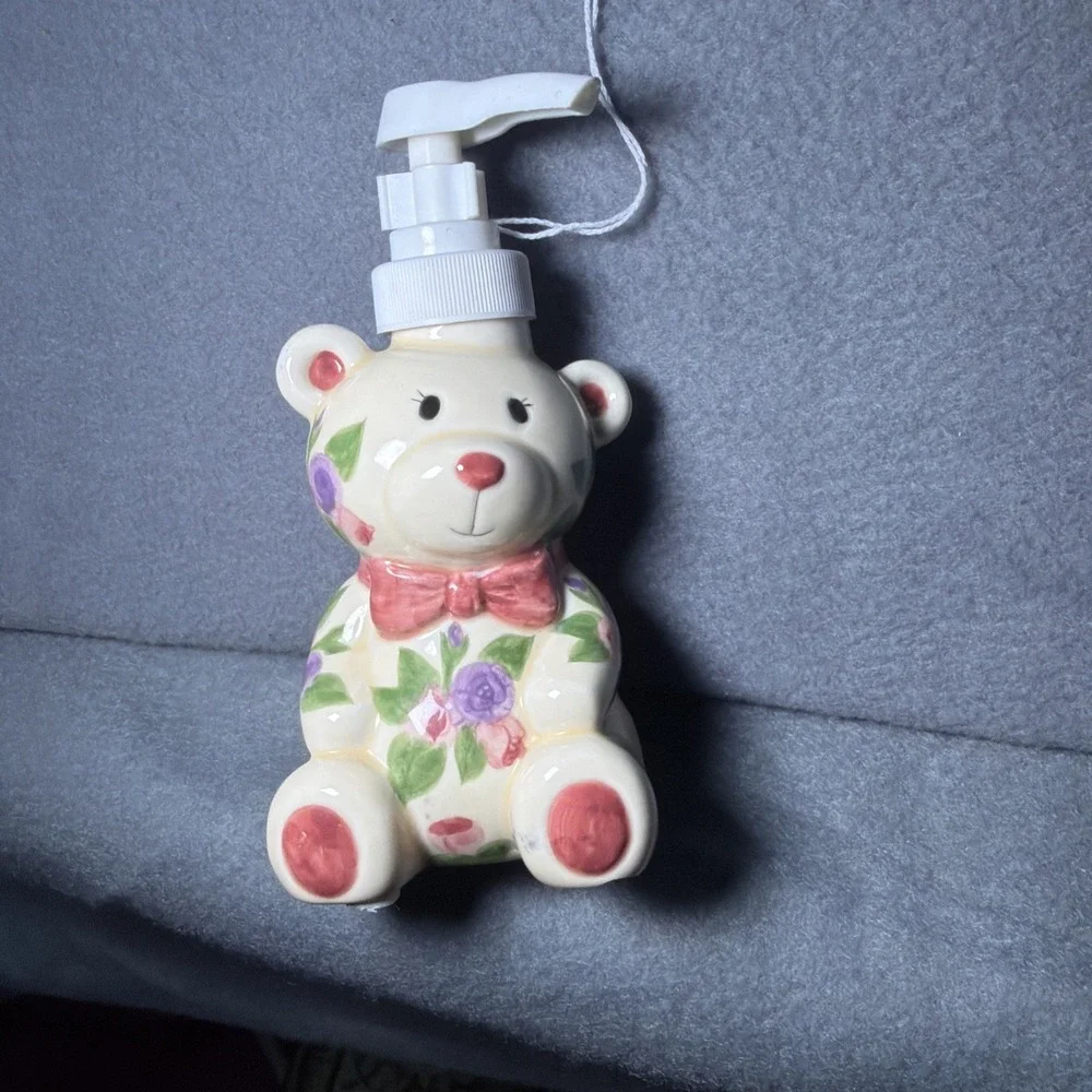 Vintage Ceramic Teddy Bear Soap Dispenser Pump, Freestanding, Floral.